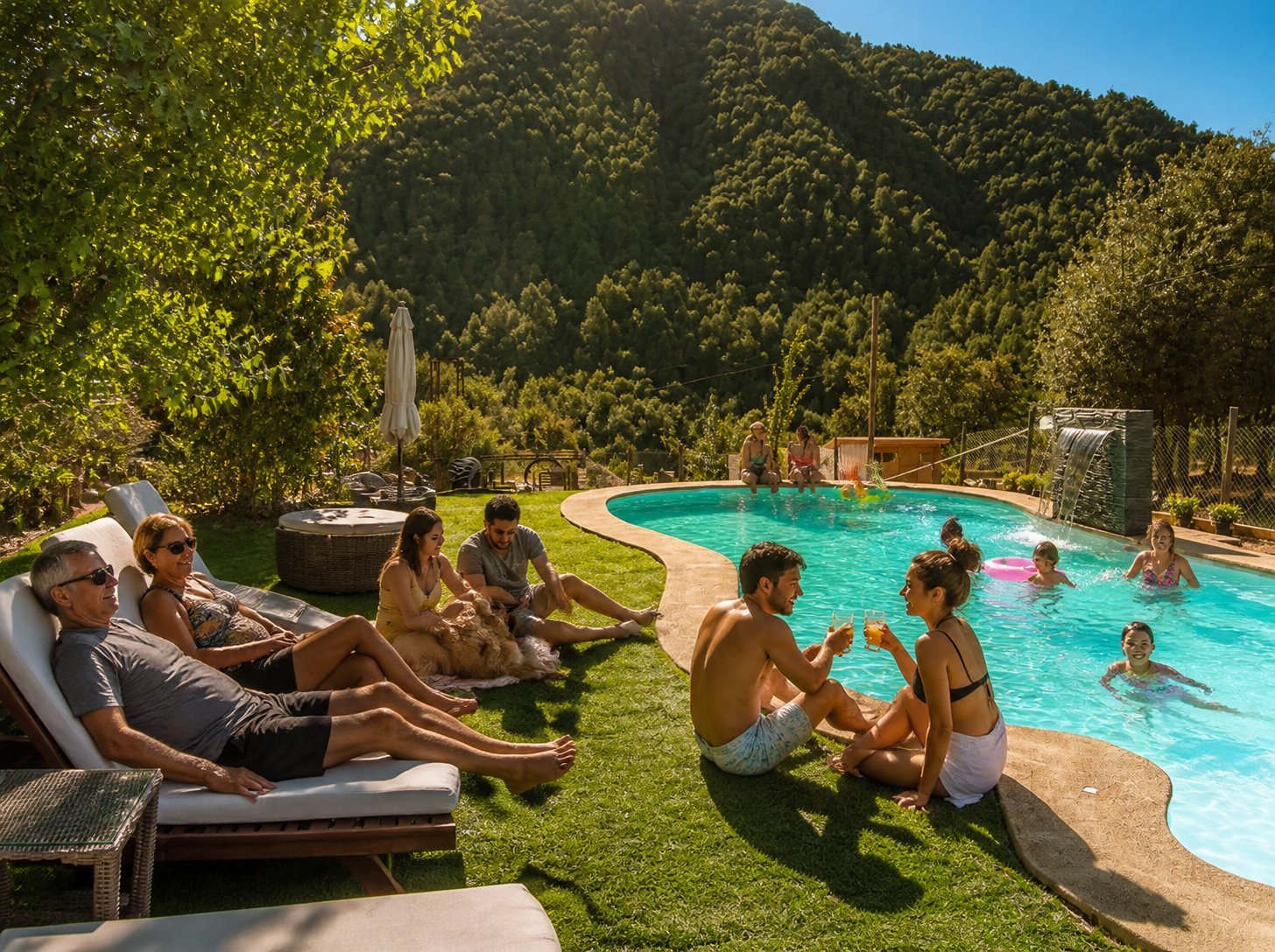 Familias de todas las edades y un perro disfrutando el Full Day junto a la piscina grande