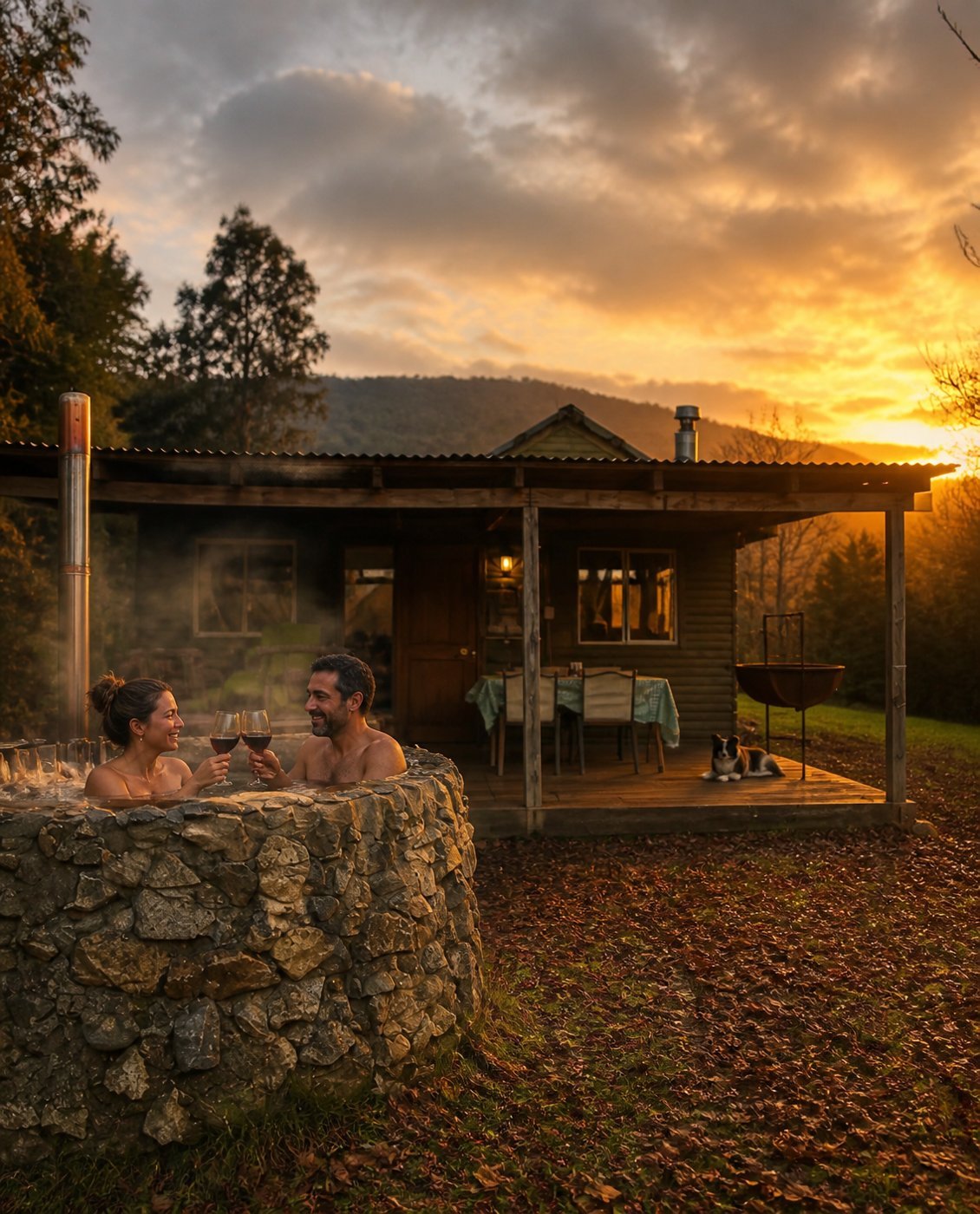 Pareja brindando en una tinaja de piedra al atardecer frente a su cabaña, con su perro en la terraza