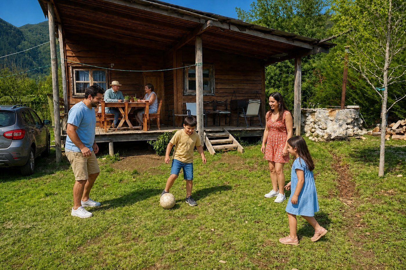 Familia jugando a la pelota frente a la cabaña Álamo
