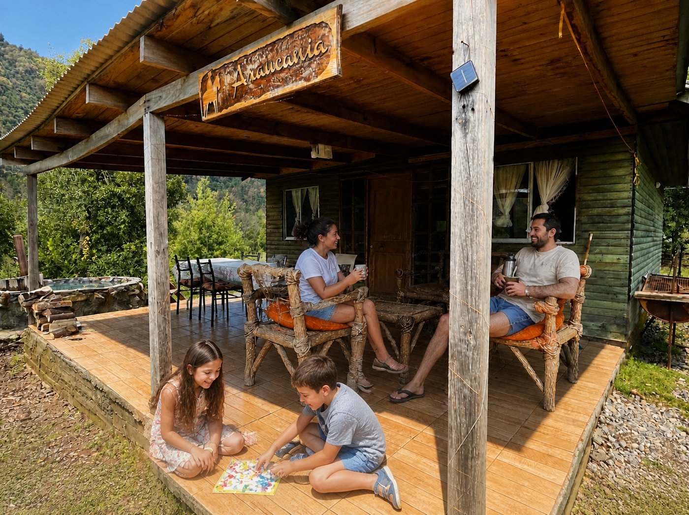 Familia con dos niños en la terraza de la cabaña Araucaria
